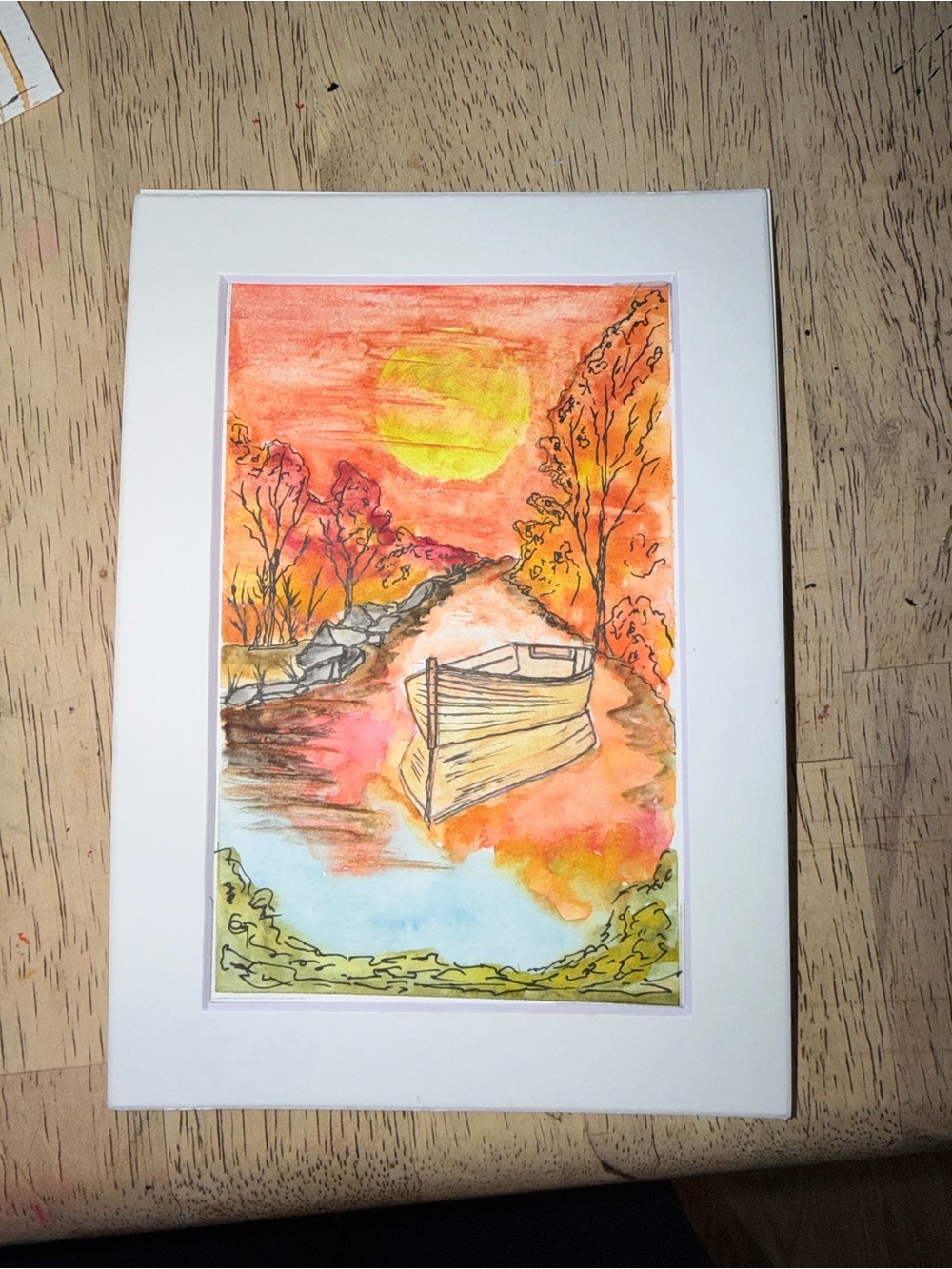 Sunset Rowboat Watercolor Art Print - Orange & Yellow
